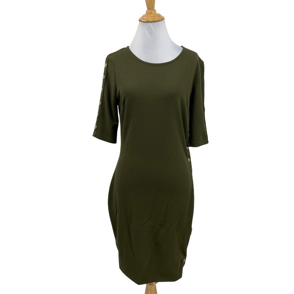 Haute Monde Dress Womens M Medium Avocado Knit Bodycon Snap Buttons Side Sheath